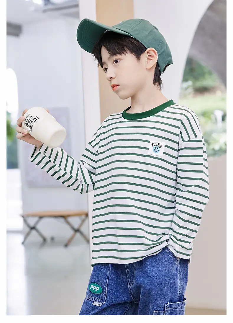Kids Striped Long Sleeve T-Shirt Blue White Cotton Round Neck — feature 15