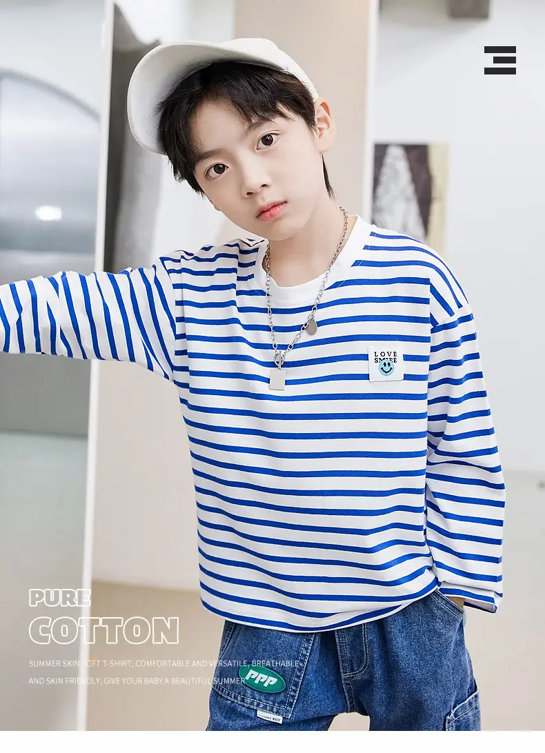 Kids Striped Long Sleeve T-Shirt Blue White Cotton Round Neck — feature 2
