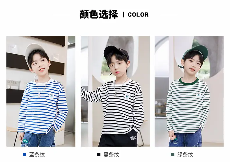 Kids Striped Long Sleeve T-Shirt Blue White Cotton Round Neck — feature 5