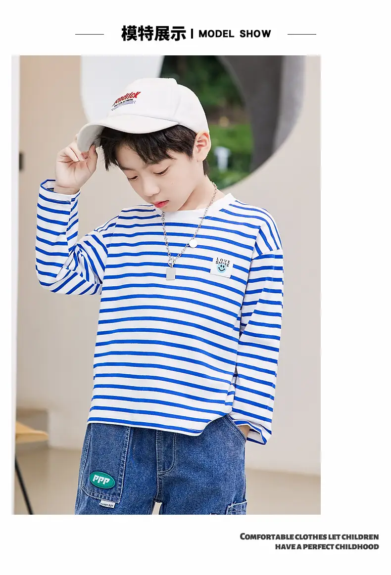 Kids Striped Long Sleeve T-Shirt Blue White Cotton Round Neck — feature 6