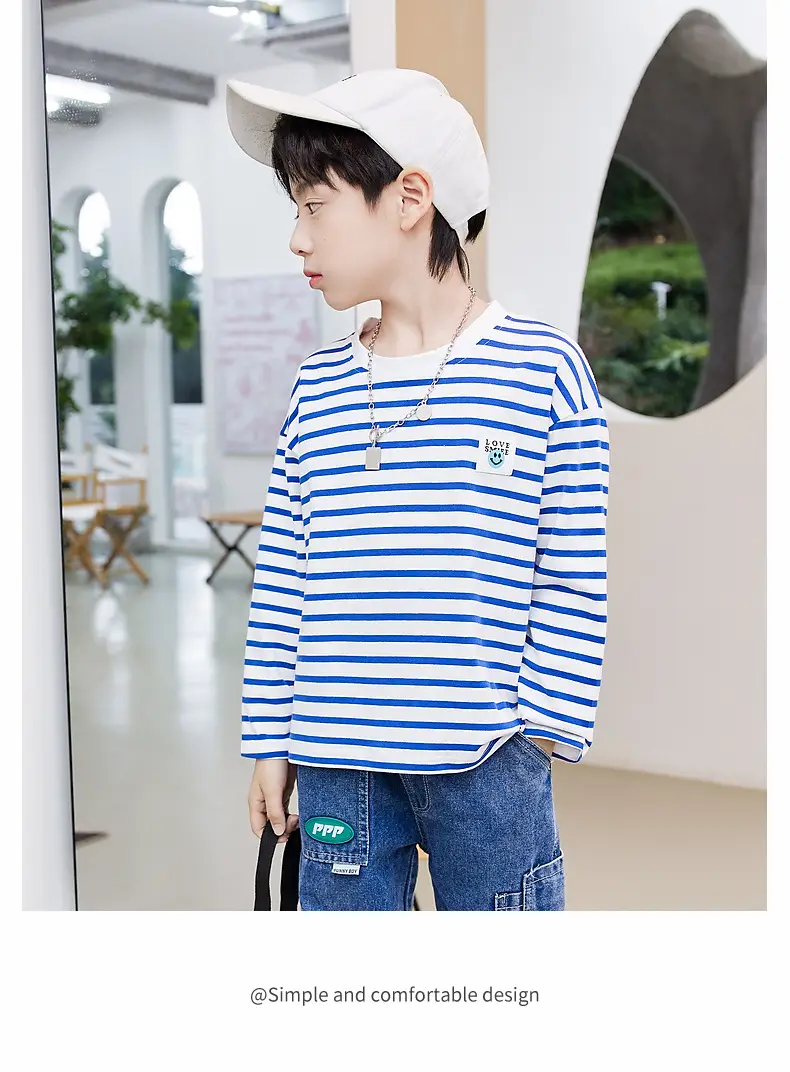 Kids Striped Long Sleeve T-Shirt Blue White Cotton Round Neck — feature 7