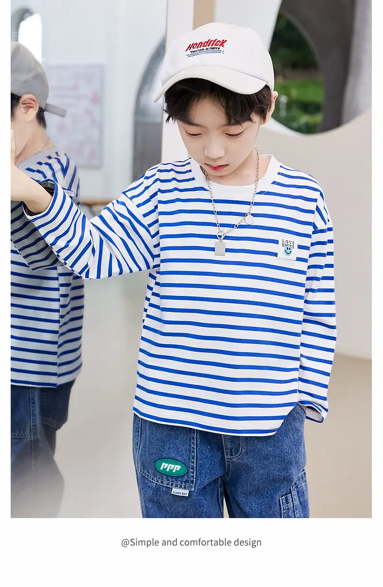 Kids Striped Long Sleeve T-Shirt Blue White Cotton Round Neck — feature 8