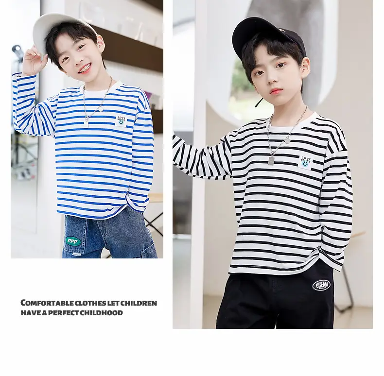 Kids Striped Long Sleeve T-Shirt Blue White Cotton Round Neck — feature 9