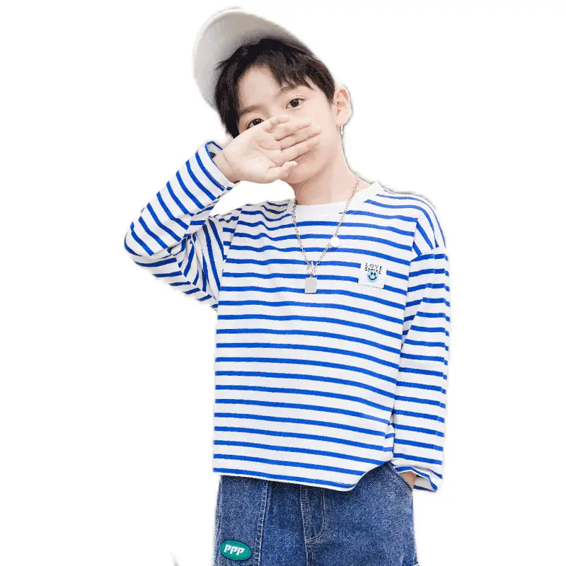 Kids Striped Long Sleeve T-Shirt Blue White Cotton Round Neck - Image 2