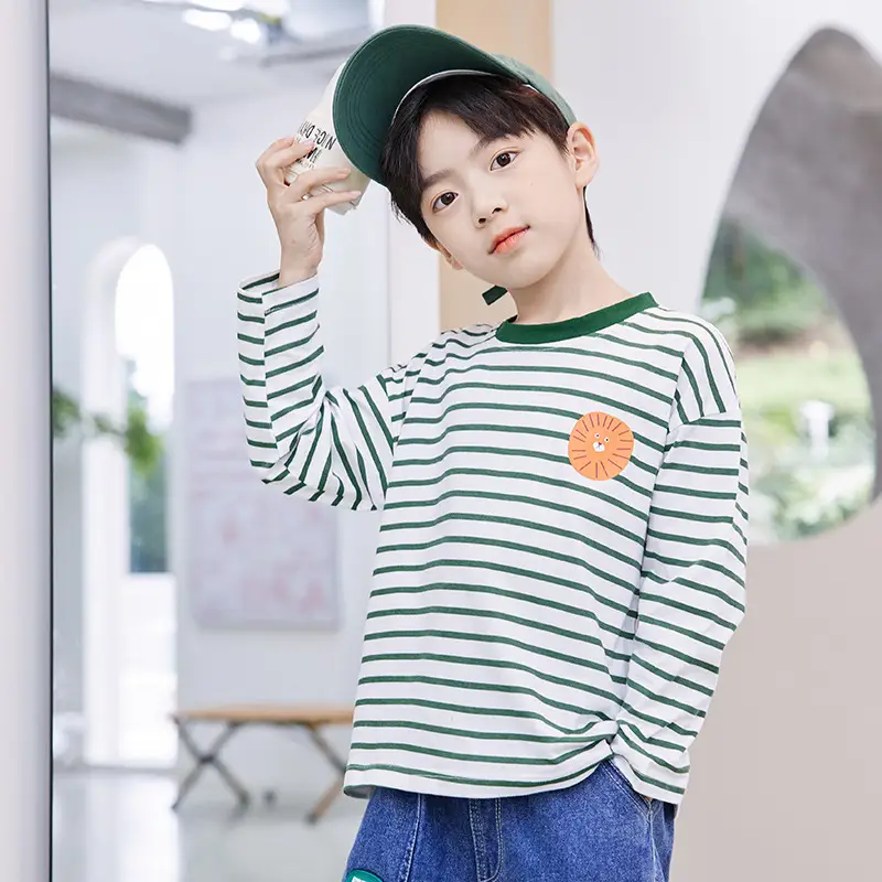 Kids Striped Long Sleeve T-Shirt Blue White Cotton Round Neck - Image 3