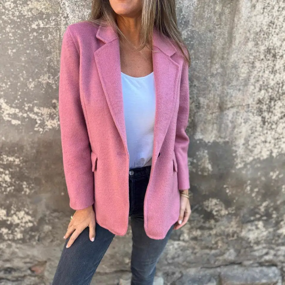 Women Woolen Lapel Jacket Suit Pink Winter Casual - Image 8