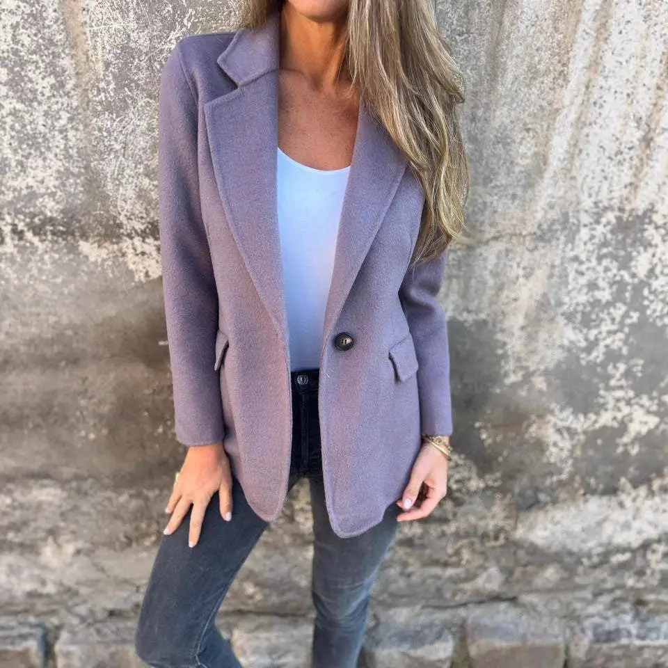 Women Woolen Lapel Jacket Suit Pink Winter Casual - Image 10