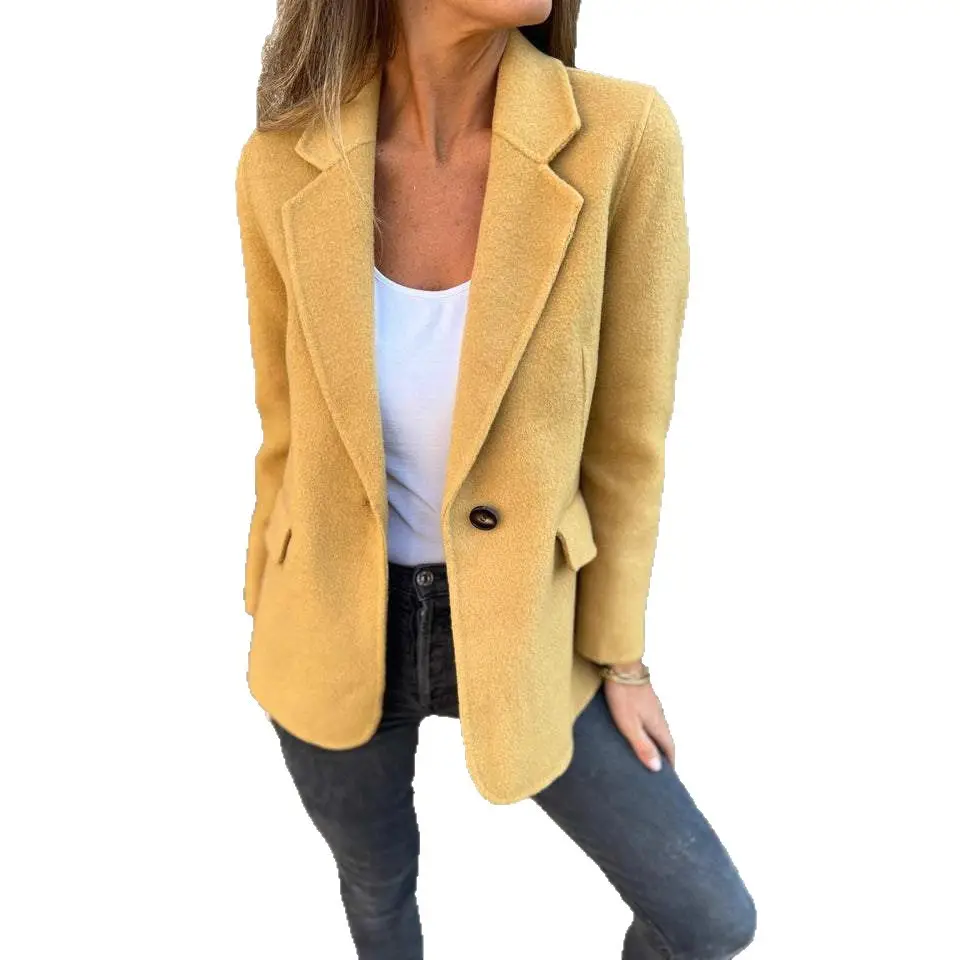 Women Woolen Lapel Jacket Suit Pink Winter Casual - Image 11