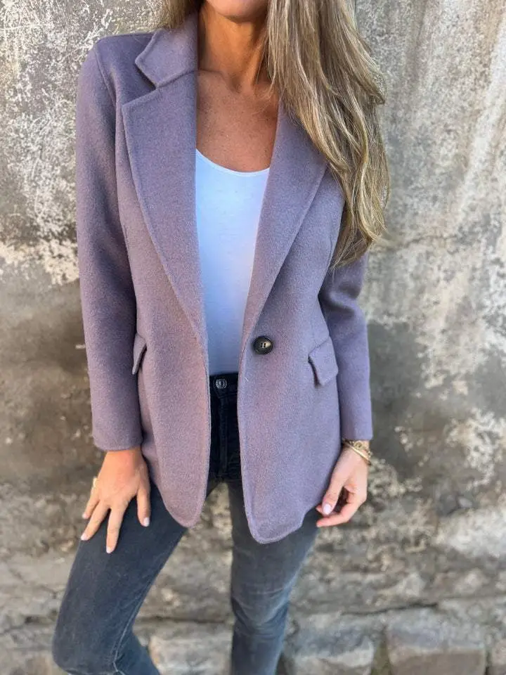 Women Woolen Lapel Jacket Suit Pink Winter Casual - Image 3
