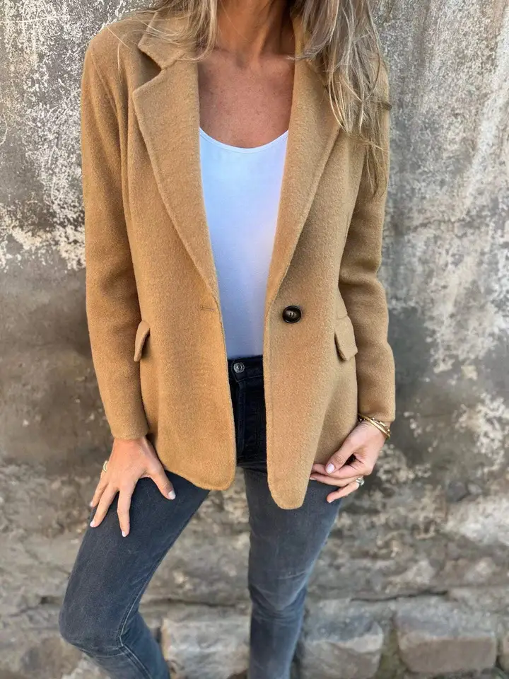 Women Woolen Lapel Jacket Suit Pink Winter Casual - Image 5