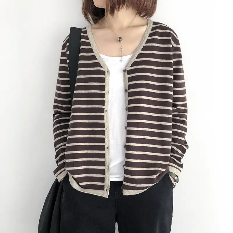 Women Knitted V-Neck Striped Cardigan Spring Autumn - Image 3