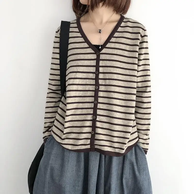 Women Knitted V-Neck Striped Cardigan Spring Autumn - Image 2