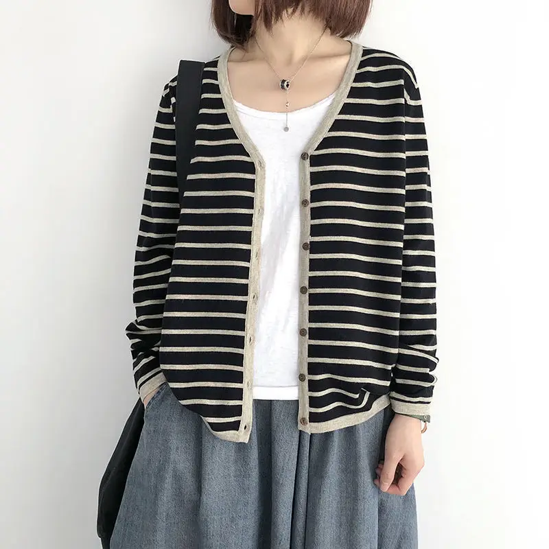 Women Knitted V-Neck Striped Cardigan Spring Autumn - Image 4