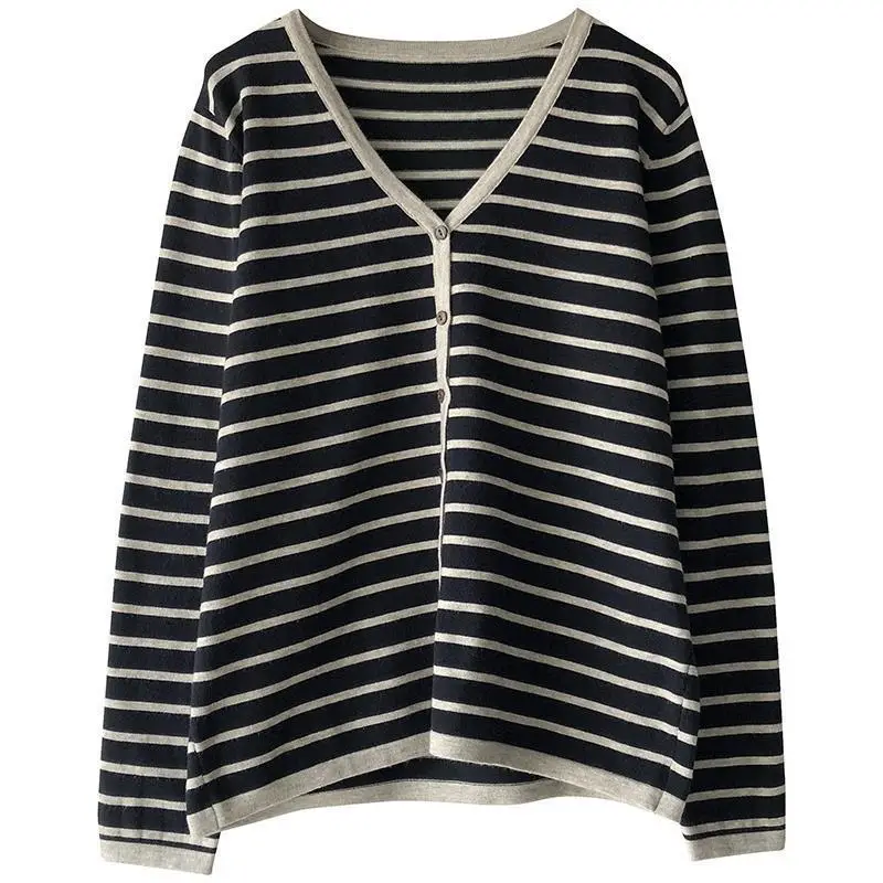 Women Knitted V-Neck Striped Cardigan Spring Autumn - Image 5
