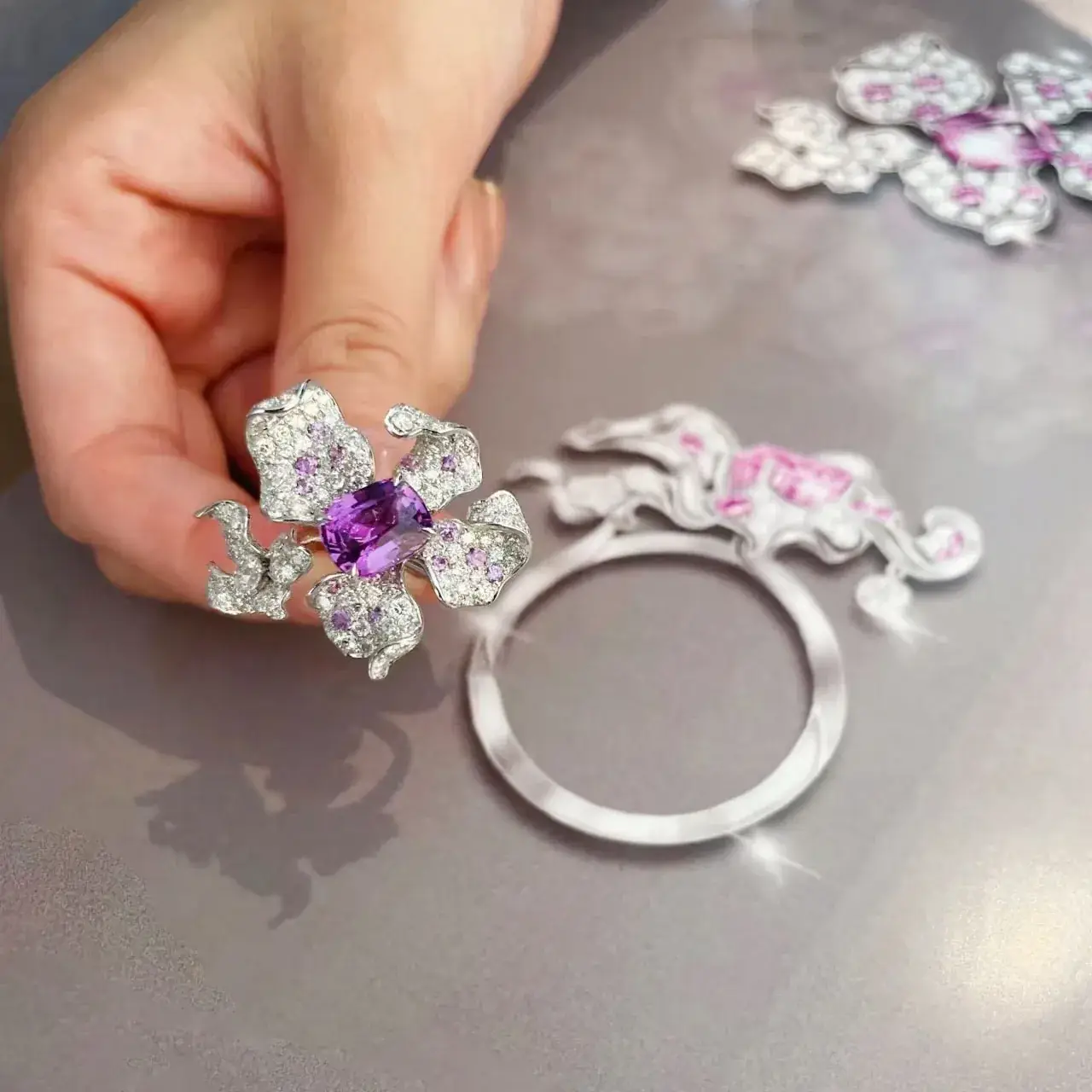 Women's Purple Diamond Flower Ring with Open Handle - Image 3