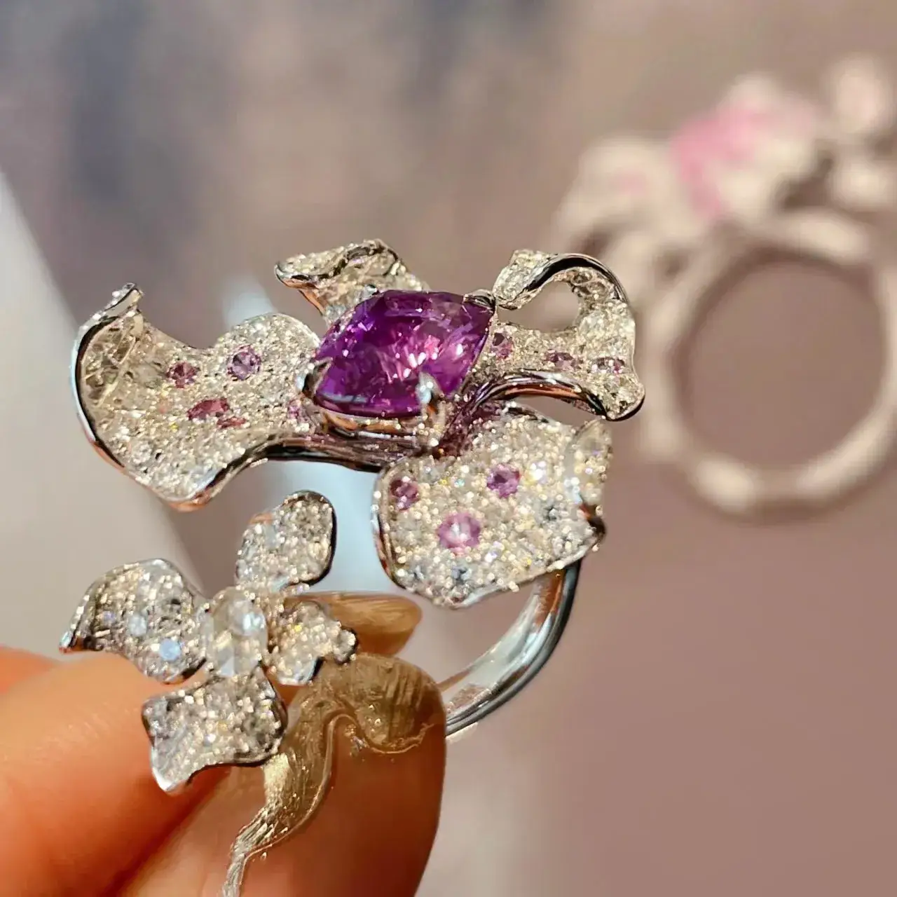 Women's Purple Diamond Flower Ring with Open Handle - Image 4