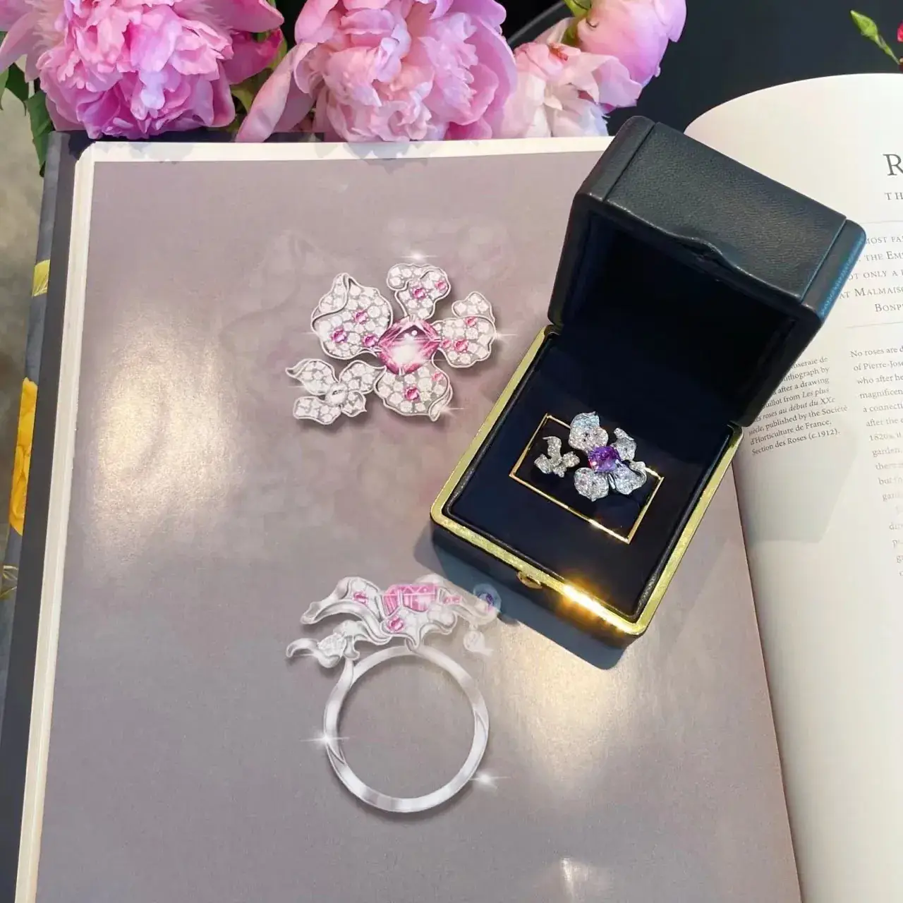 Women's Purple Diamond Flower Ring with Open Handle - Image 5