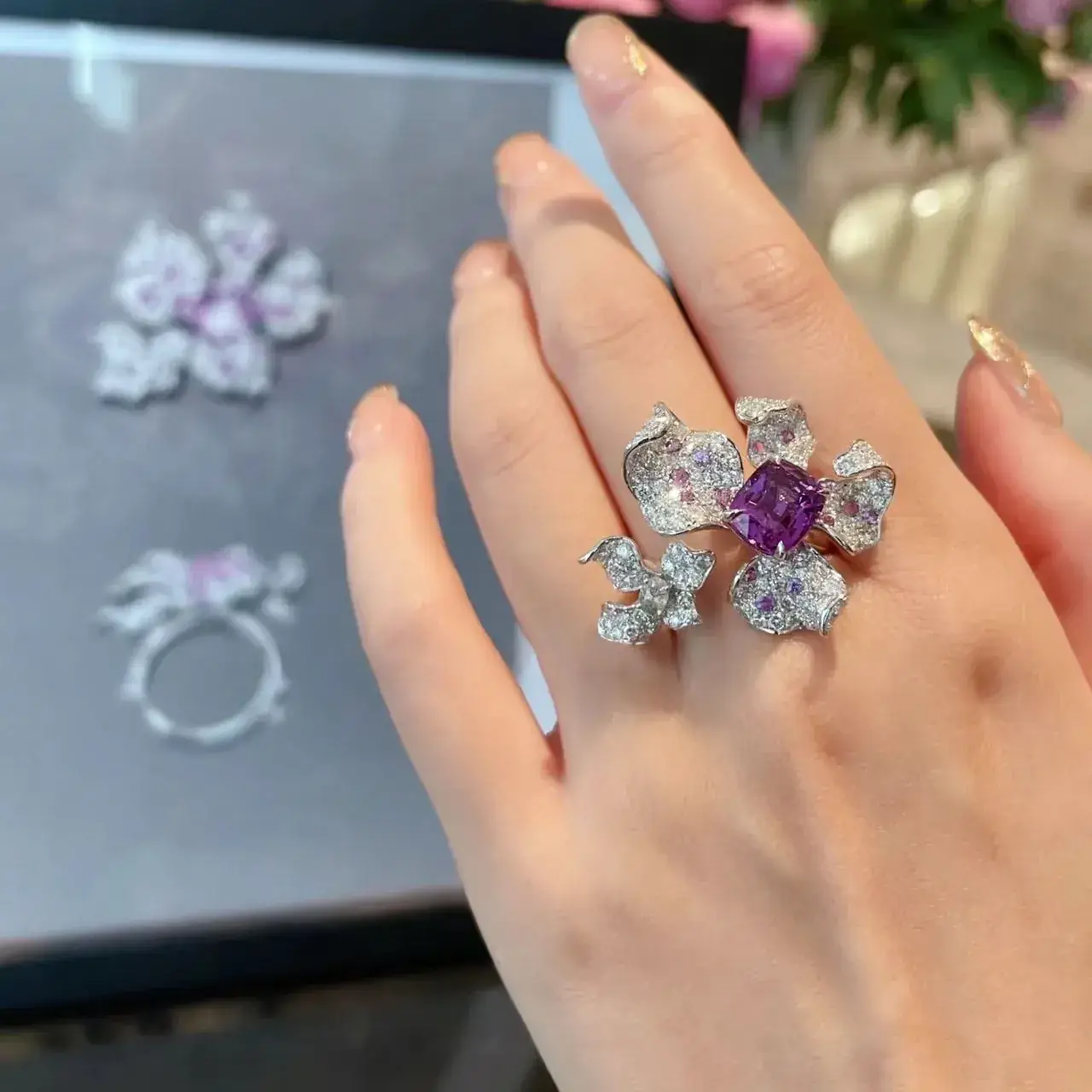 Women's Purple Diamond Flower Ring with Open Handle - Image 6