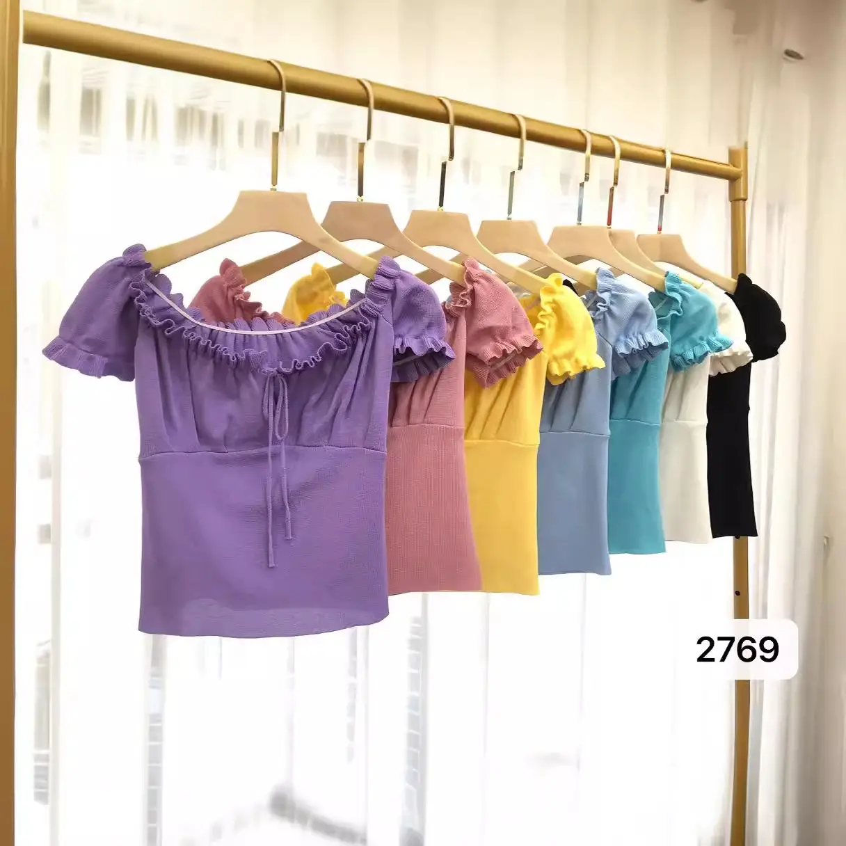Women's Off-Shoulder Collarbone Top with Drawstring Front - Image 11
