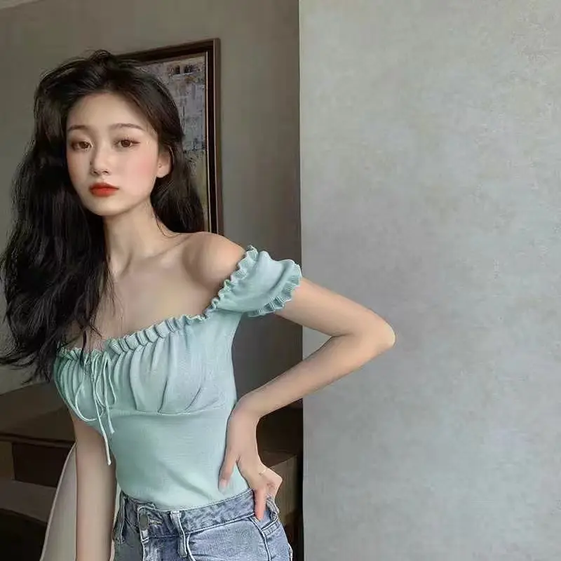 Women's Off-Shoulder Collarbone Top with Drawstring Front - Image 2