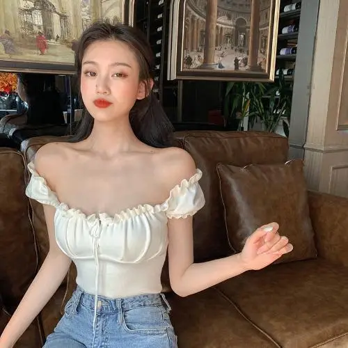Women's Off-Shoulder Collarbone Top with Drawstring Front - Image 6