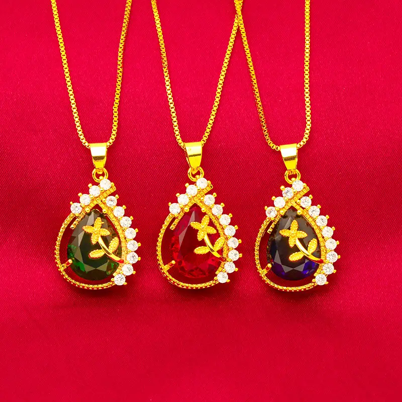 Vietnamese Gold Micro-Illaid Zircon Pendant with Water Drop Flower Design - Image 2