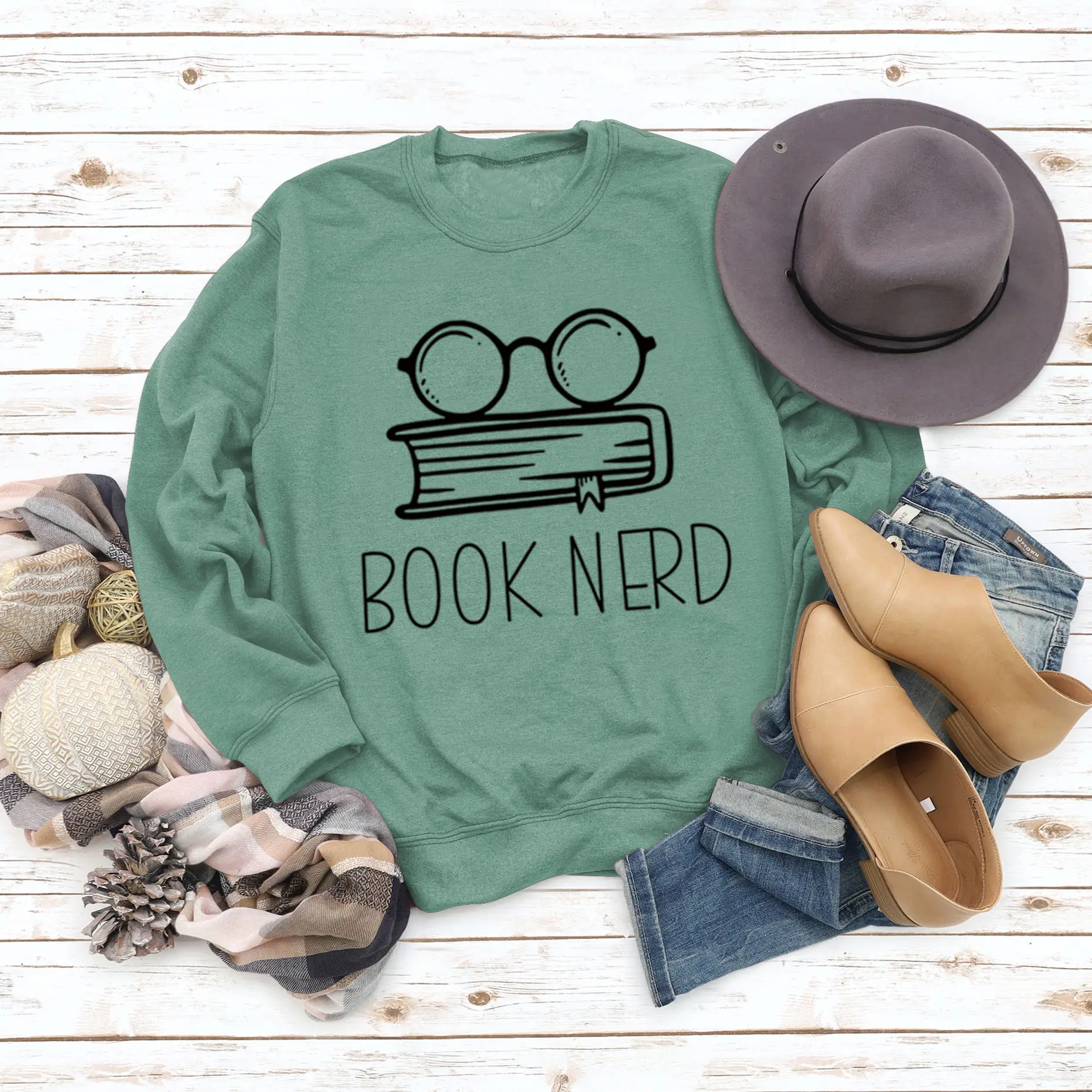 Green Book Nerd Sweatshirt with Glasses Print - Image 10