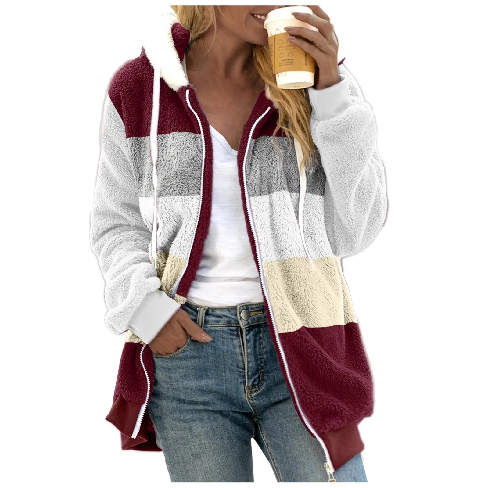 Women Hooded Jacket Multi Color Plush Loose Winter Warm - Image 3