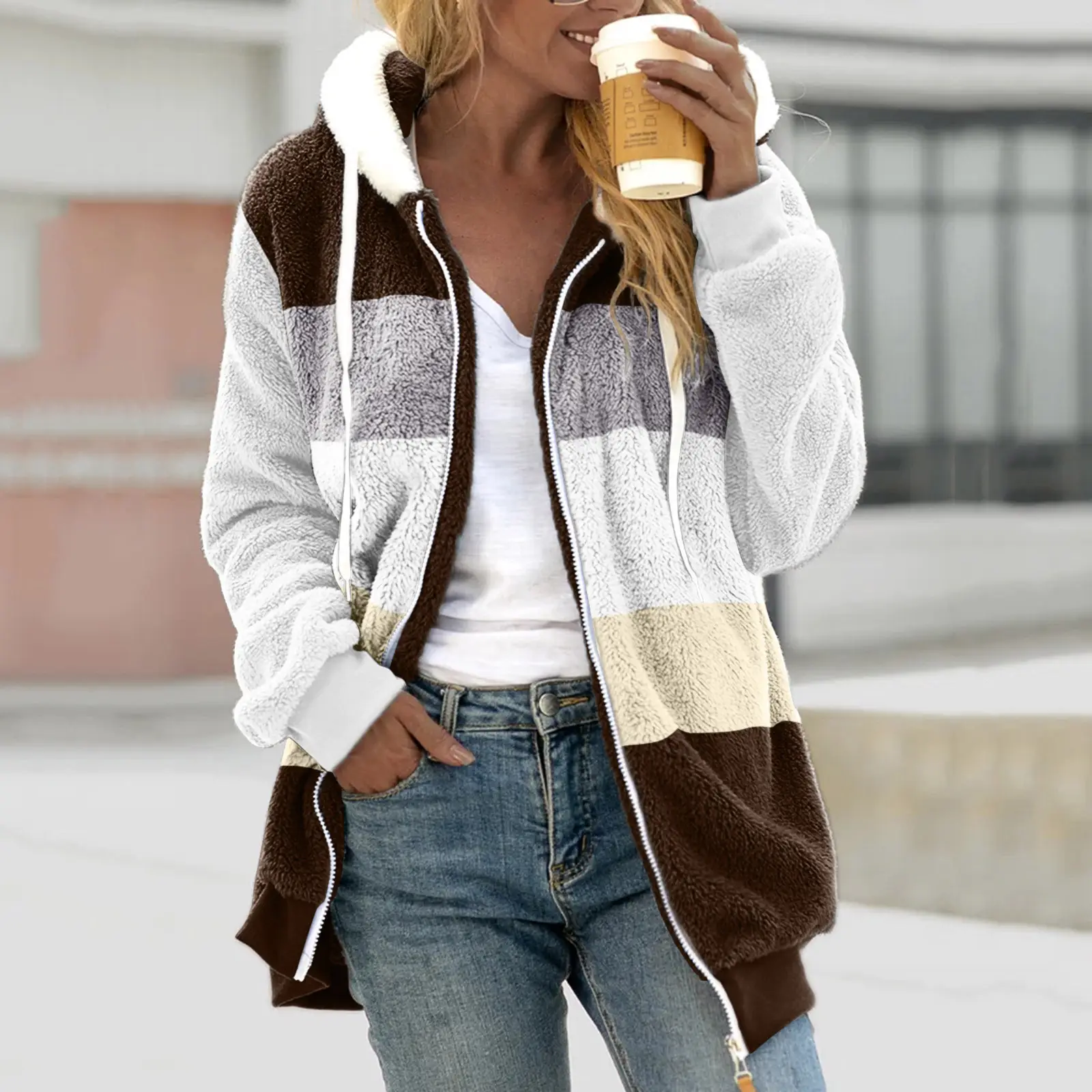 Women Hooded Jacket Multi Color Plush Loose Winter Warm - Image 10