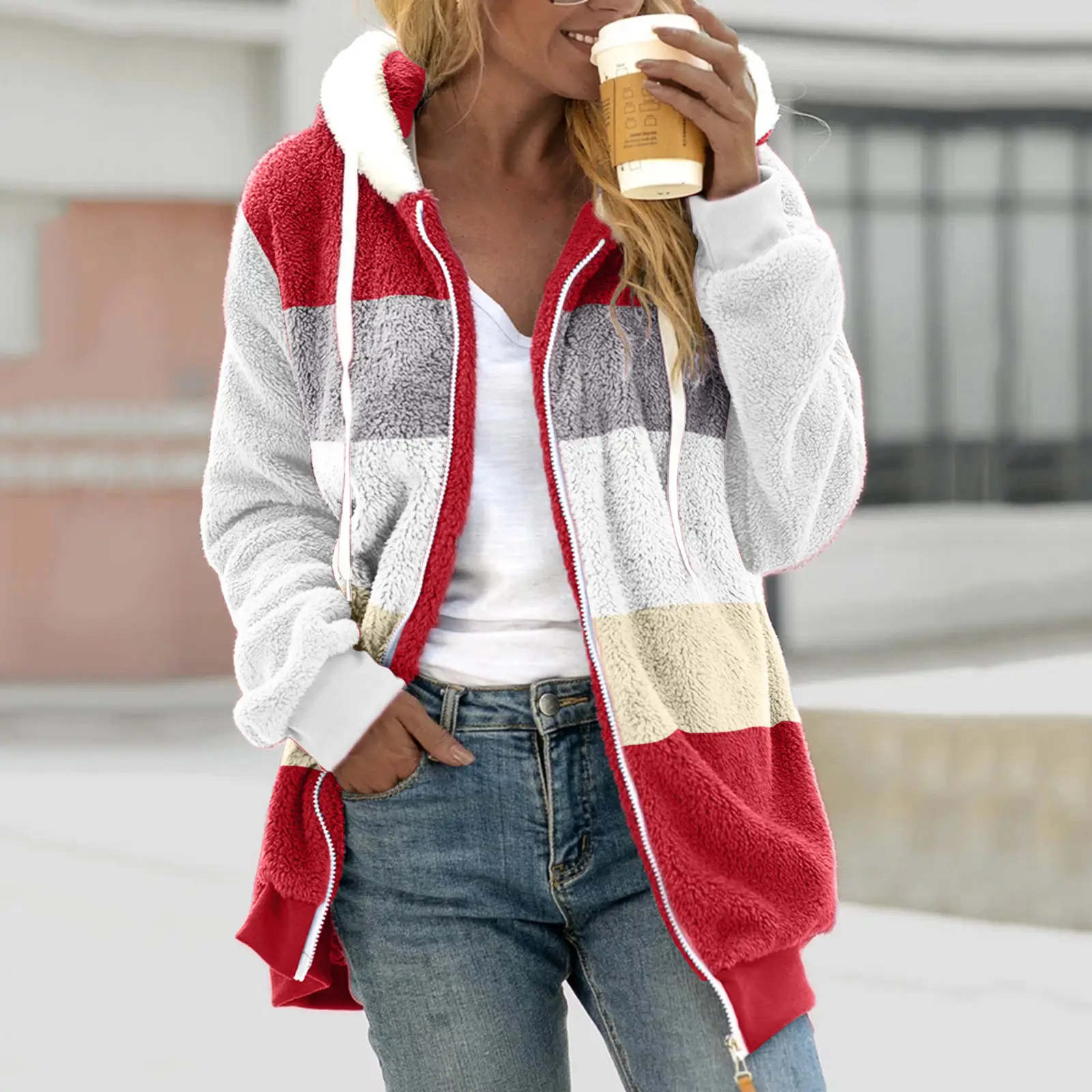 Women Hooded Jacket Multi Color Plush Loose Winter Warm - Image 11