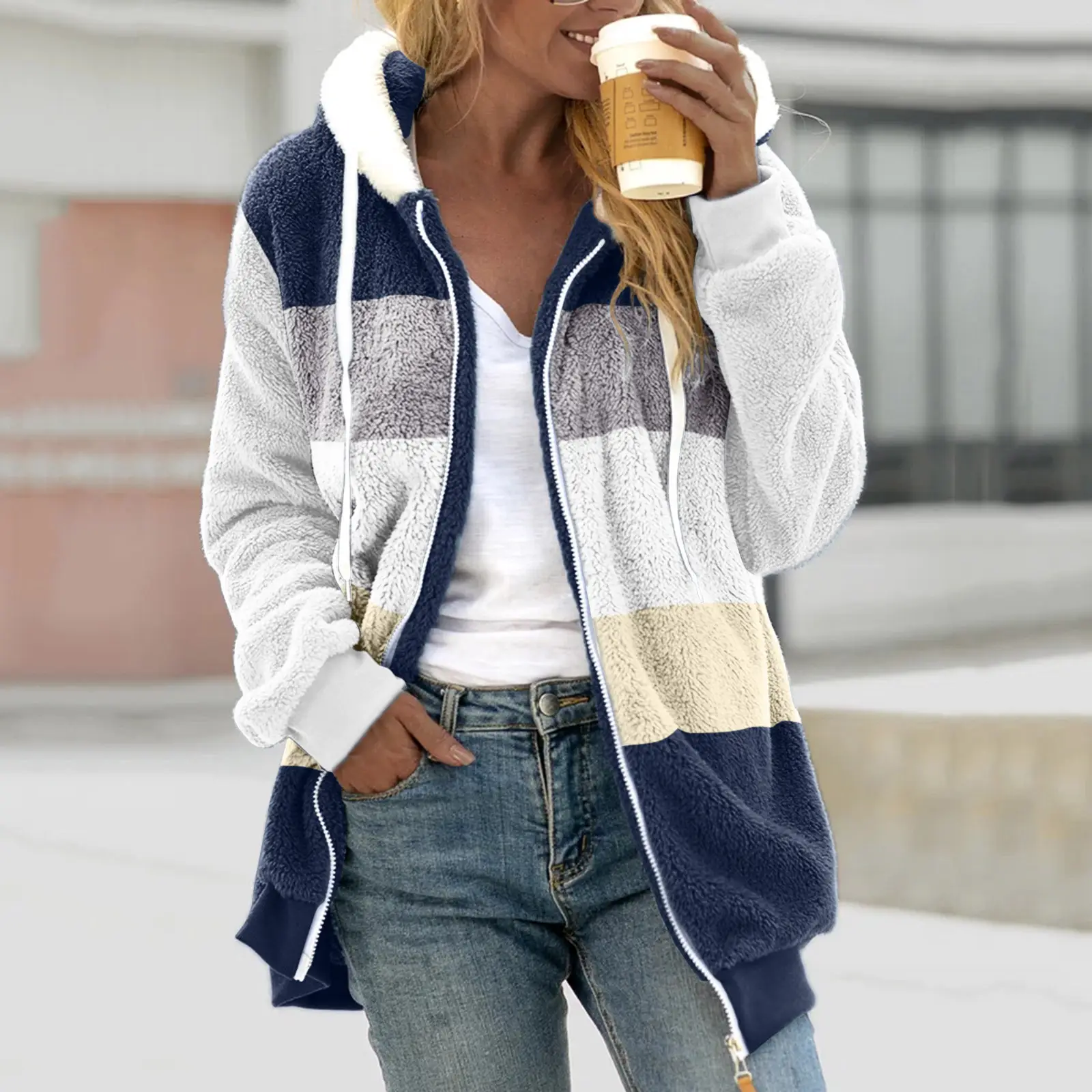 Women Hooded Jacket Multi Color Plush Loose Winter Warm - Image 12