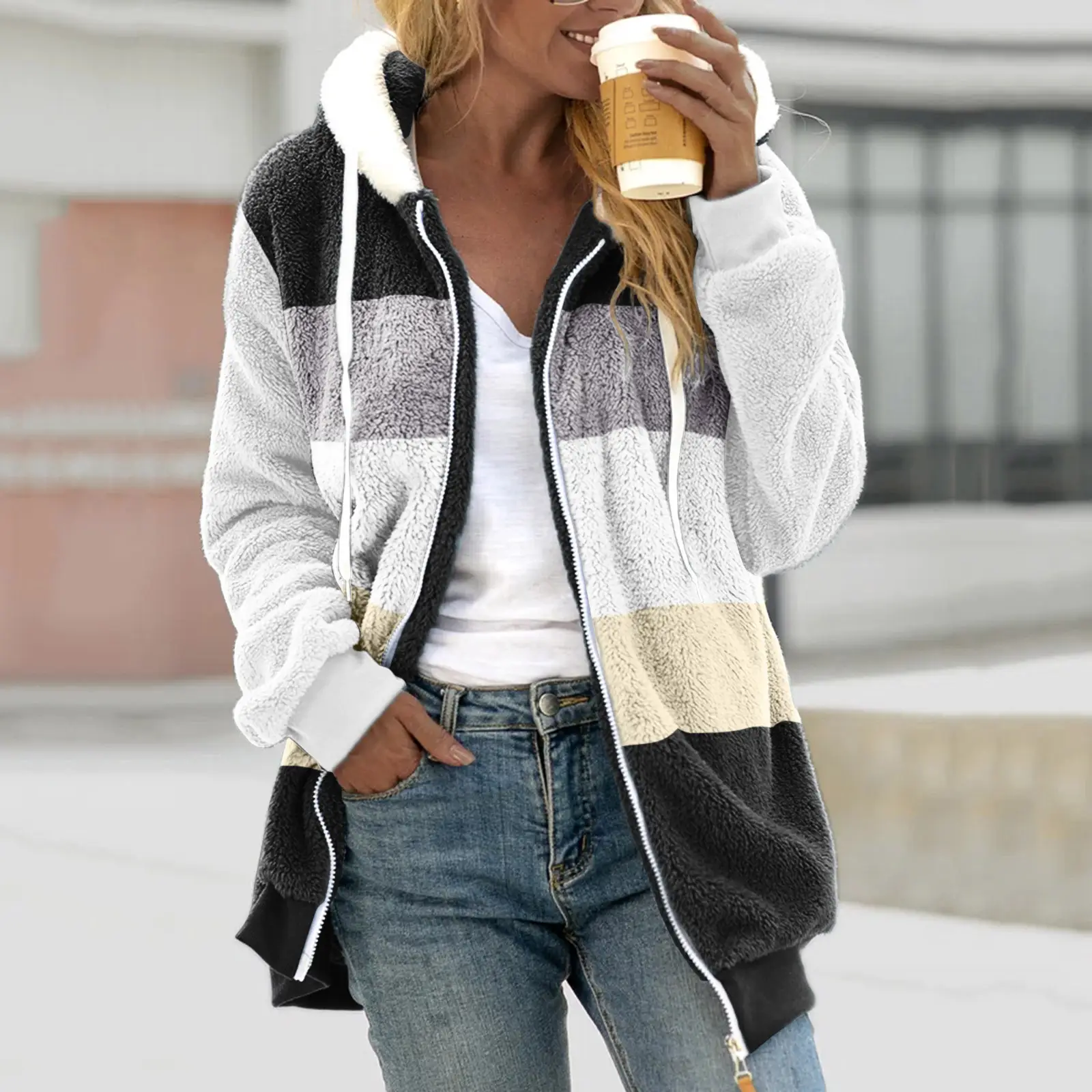 Women Hooded Jacket Multi Color Plush Loose Winter Warm - Image 13