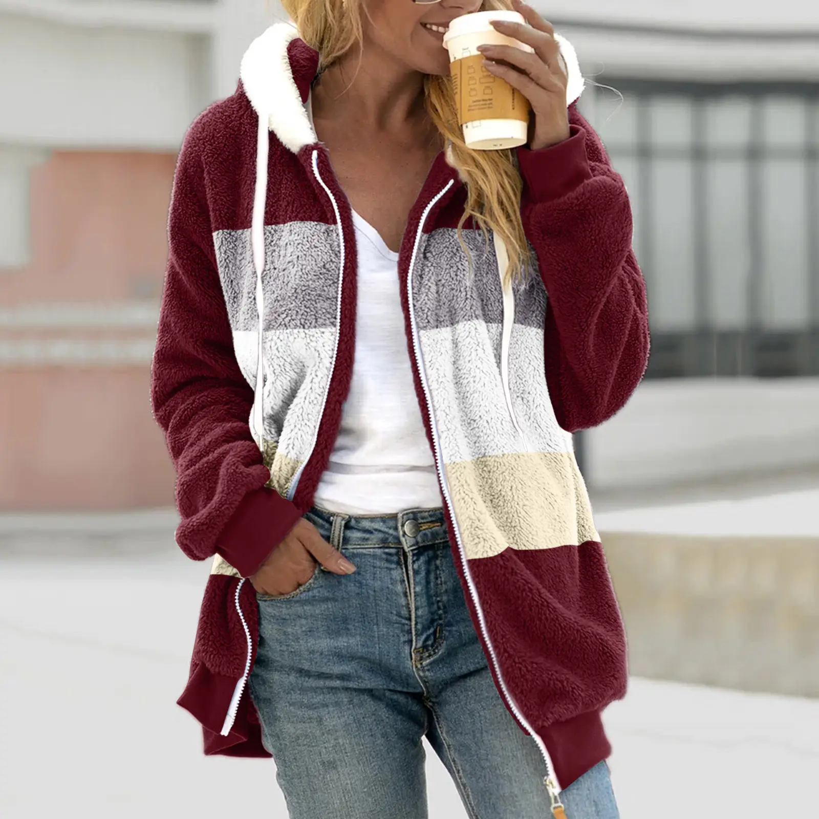 Women Hooded Jacket Multi Color Plush Loose Winter Warm - Image 16