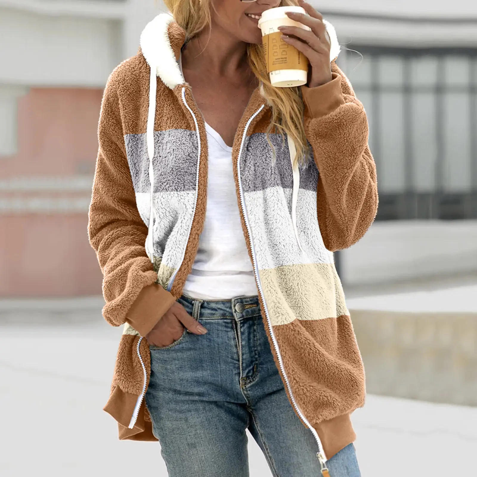 Women Hooded Jacket Multi Color Plush Loose Winter Warm - Image 18