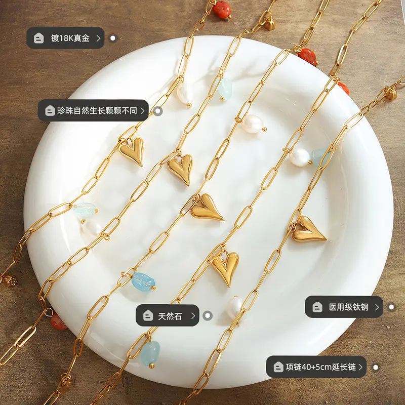 French Style Gold Heart Pearl Necklace for Girls