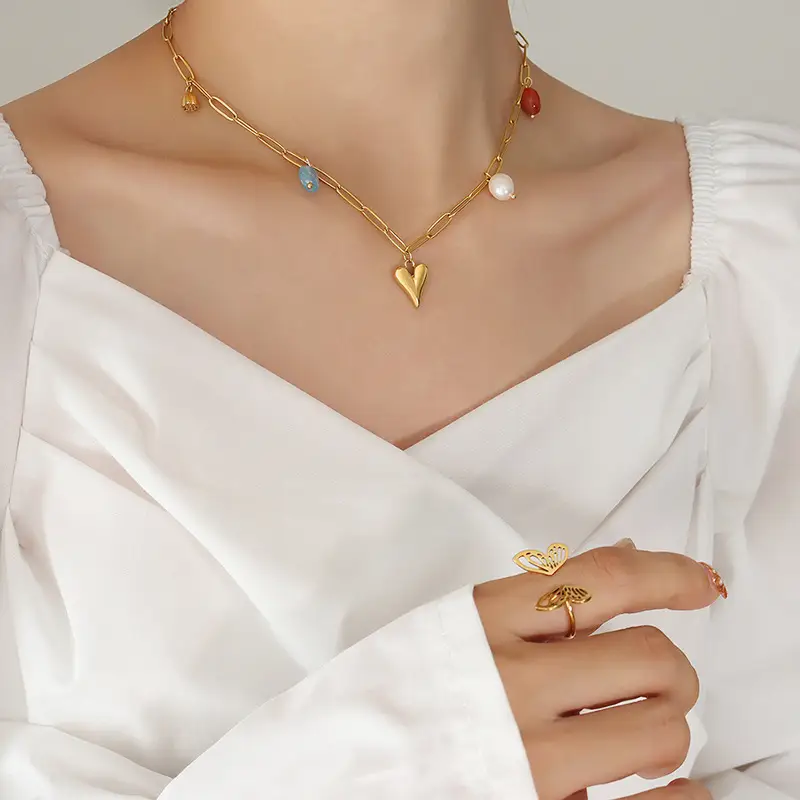French Style Gold Heart Pearl Necklace for Girls