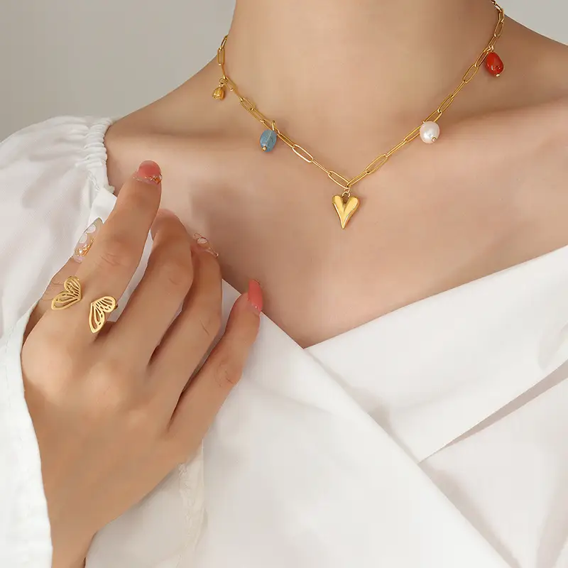 French Style Gold Heart Pearl Necklace for Girls