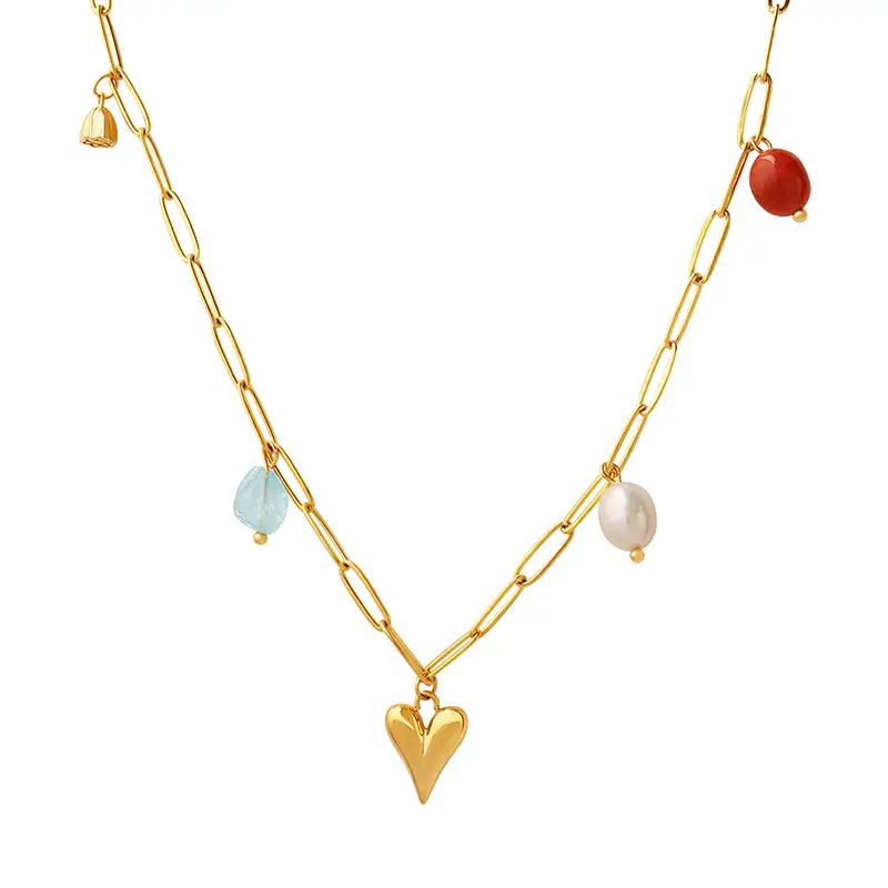 French Style Gold Heart Pearl Necklace for Girls