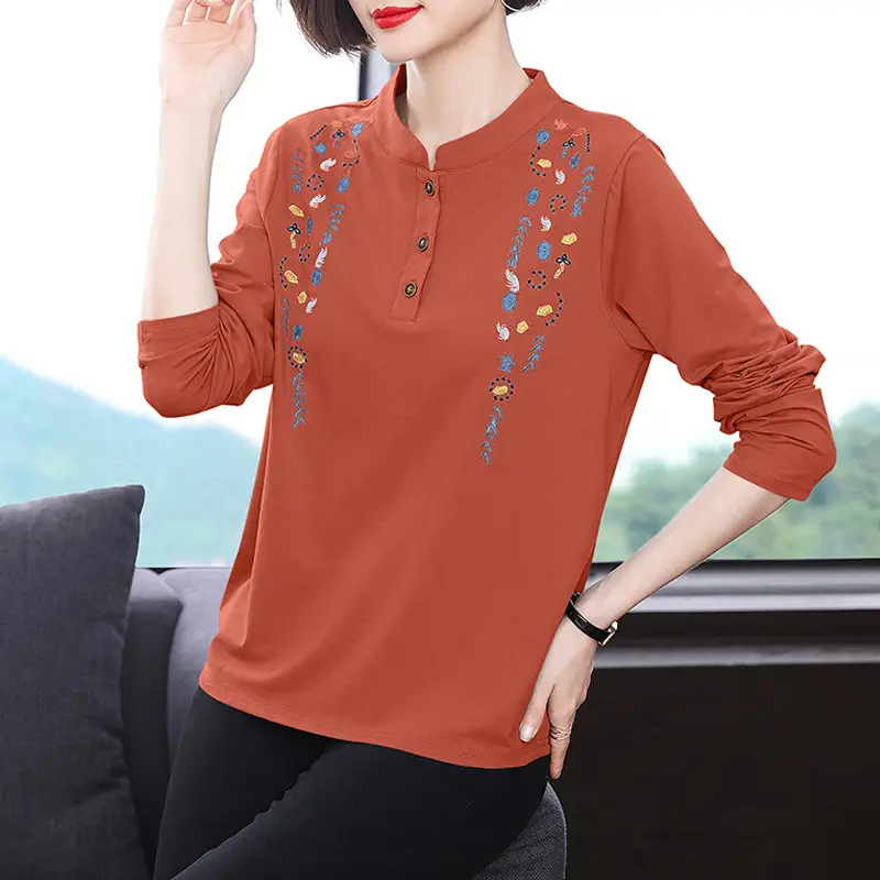Women Cotton Embroidered Long Sleeve T-Shirt Light Blue 2022 - Image 3