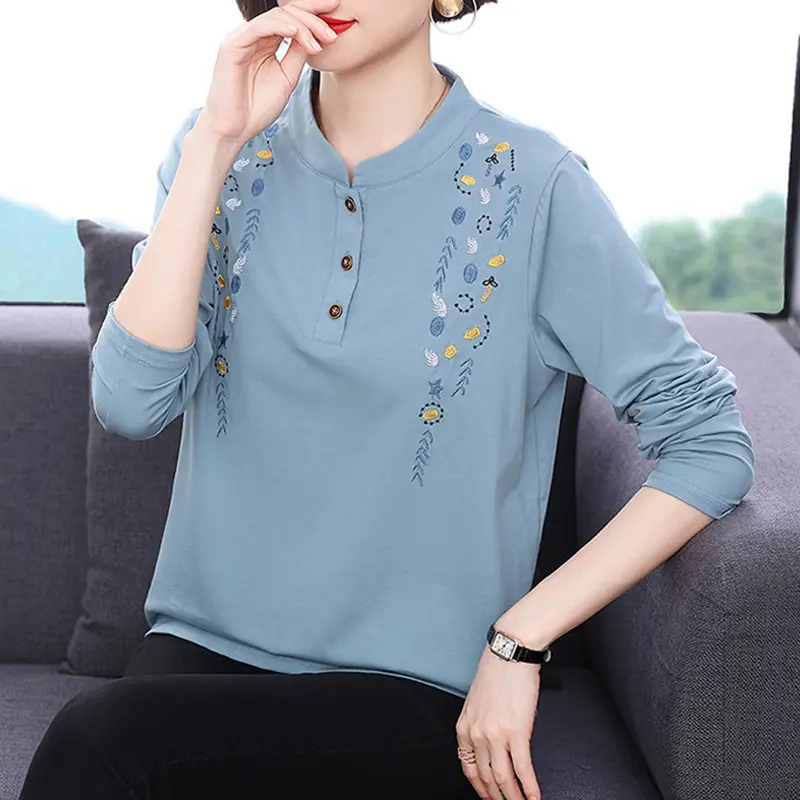 Women Cotton Embroidered Long Sleeve T-Shirt Light Blue 2022 - Image 4