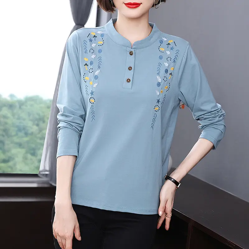 Women Cotton Embroidered Long Sleeve T-Shirt Light Blue 2022 - Image 2