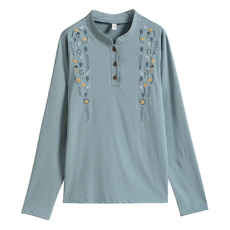 Women Cotton Embroidered Long Sleeve T-Shirt Light Blue 2022 - Image 5