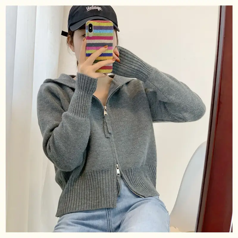 Women Hooded Knitted Cardigan Black 2025 Spring Fall - Image 7