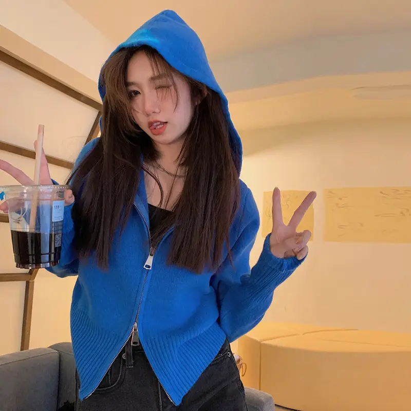 Women Hooded Knitted Cardigan Black 2025 Spring Fall - Image 9
