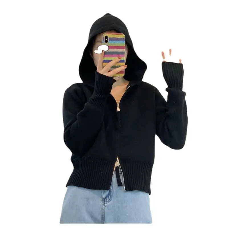 Women Hooded Knitted Cardigan Black 2025 Spring Fall - Image 10