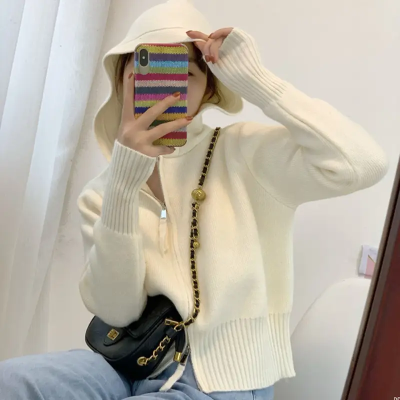 Women Hooded Knitted Cardigan Black 2025 Spring Fall - Image 3