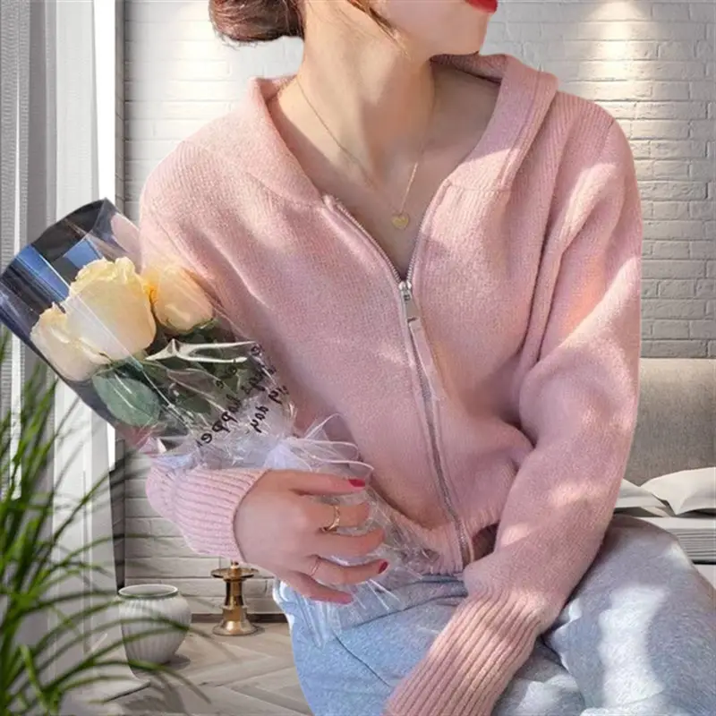 Women Hooded Knitted Cardigan Black 2025 Spring Fall - Image 5