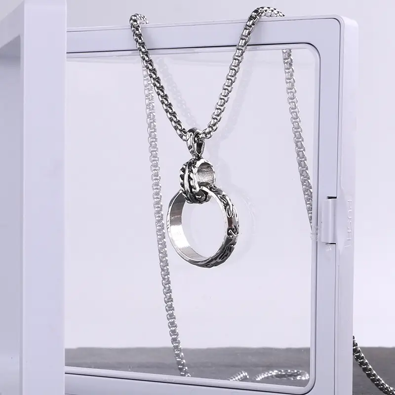 Long Titanium Steel Character Ring Necklace for Men Women