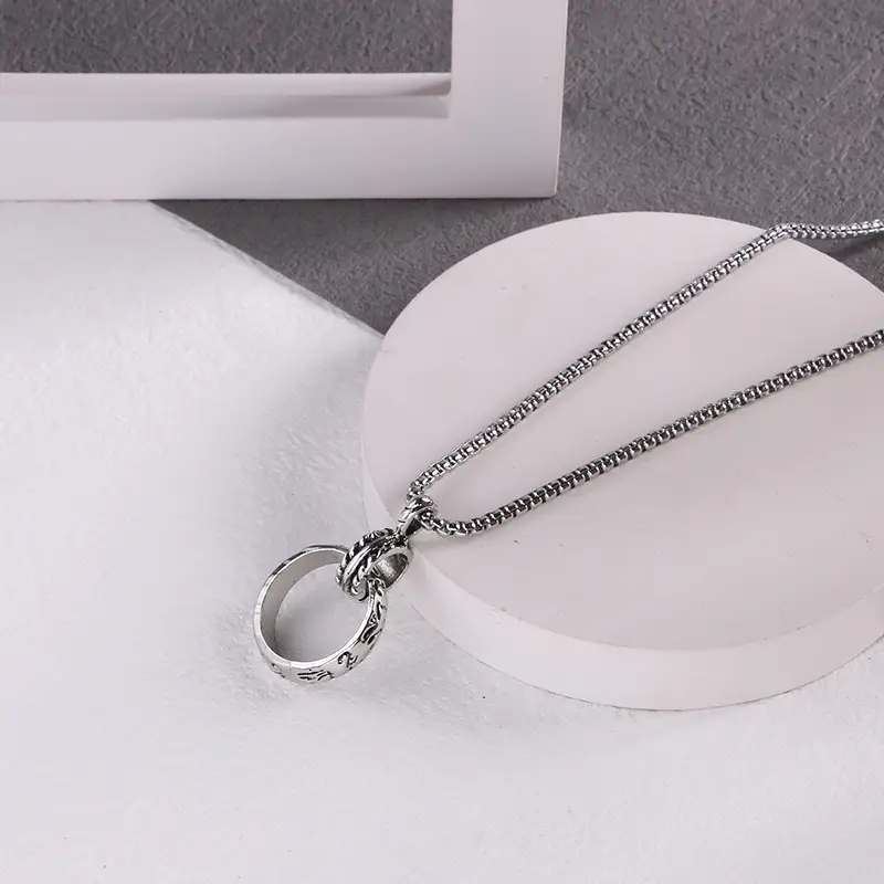Long Titanium Steel Character Ring Necklace for Men Women