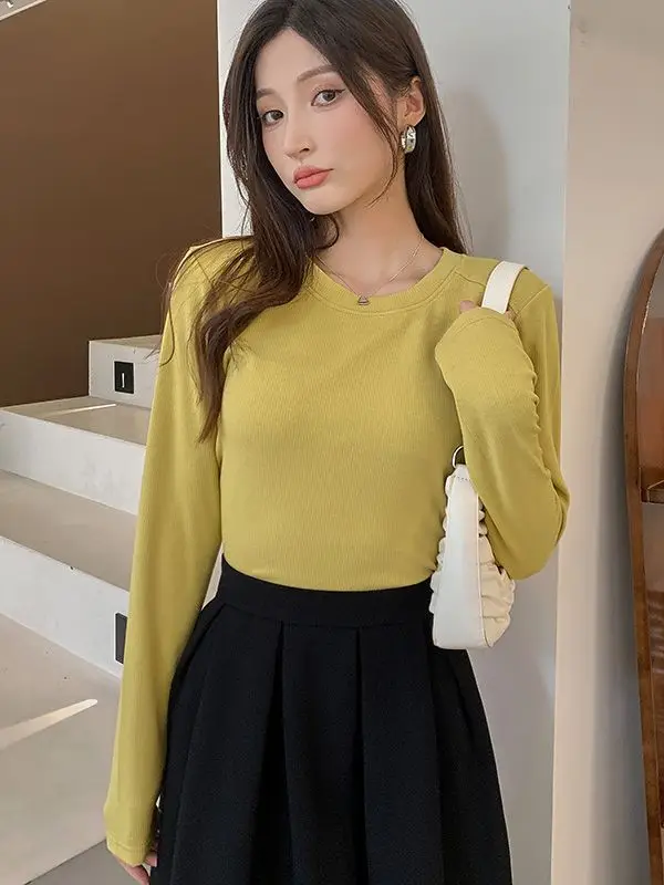 Women Long Sleeve Yellow T-Shirt Slim Fit Knitted Bottom